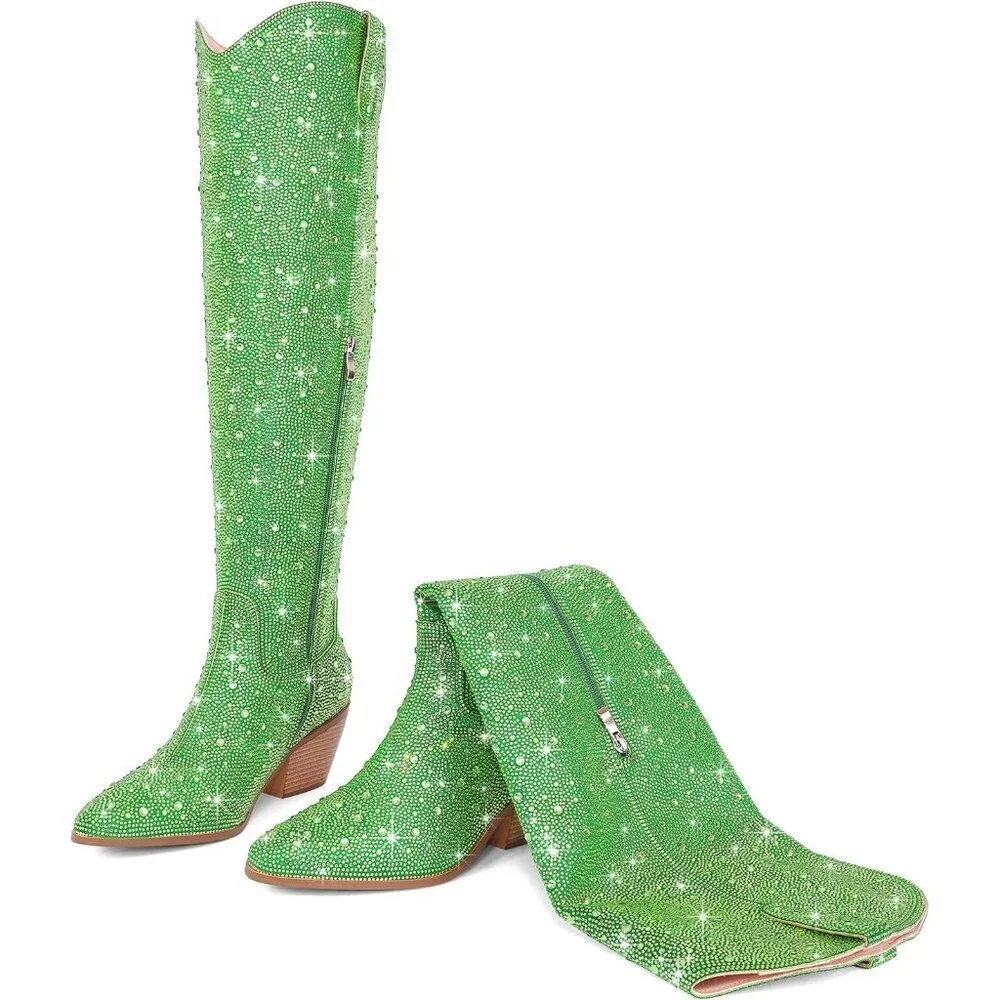 Women Green Faux Leather Sparkly Bling Rhinestone Over the Knee Cowboy Boots